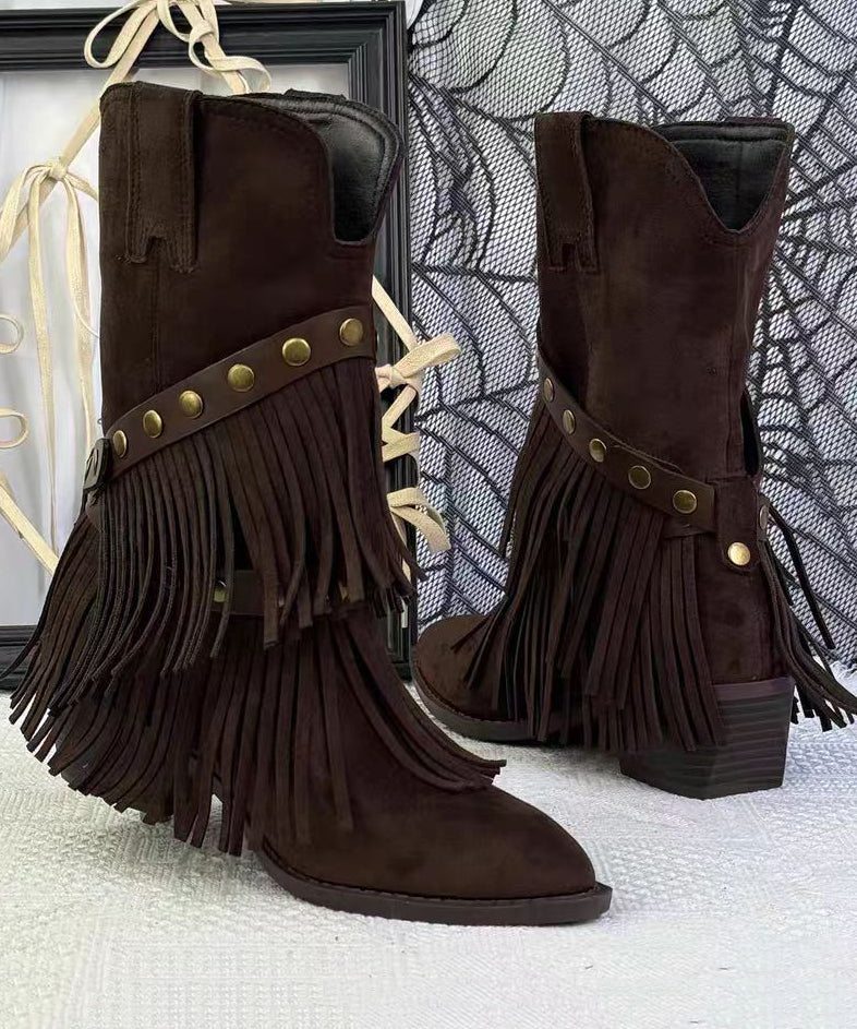 Khaki Suede Tassel Splicing Boots Pointed Toe