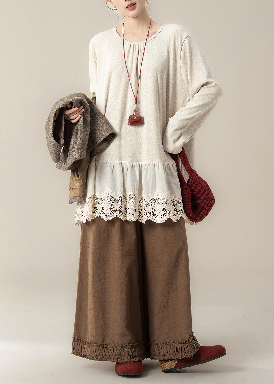 Coffee Pockets Woolen Waistcoat and Ruffled Pants Hollow Out T Shirt Cotton Three Pieces Set Fall