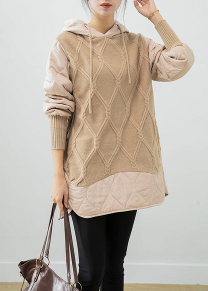 Beige Hooded Patchwork Fine Cotton Filled Sweatshirt Dress Winter