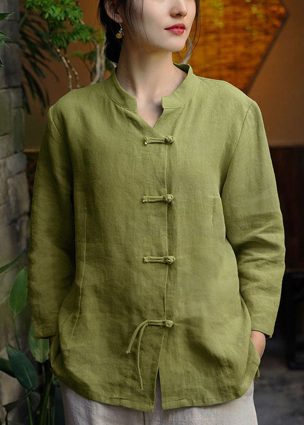 Green Stand Collar Button Linen Coats Long Sleeve