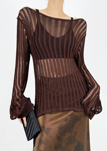 New Black Hollow Out Lace Up Knit Tops Fall