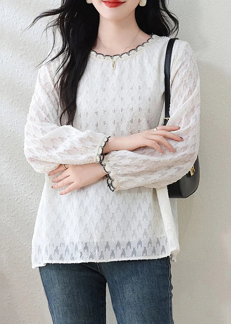 Modern White O-neck Jacquard Lace Top Fall