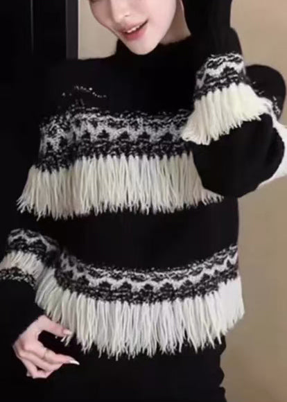 Black Tasseled Striped Knit Pullover Winter