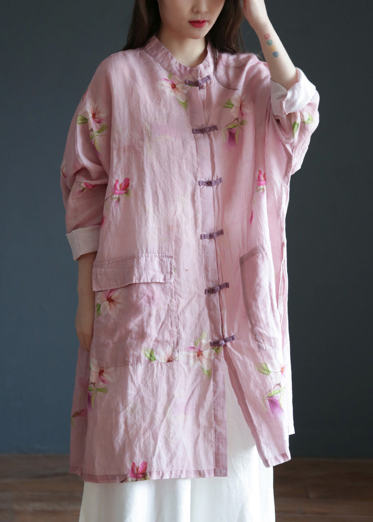 Pink Stand Collar Print Button Ramie Long Coats Spring
