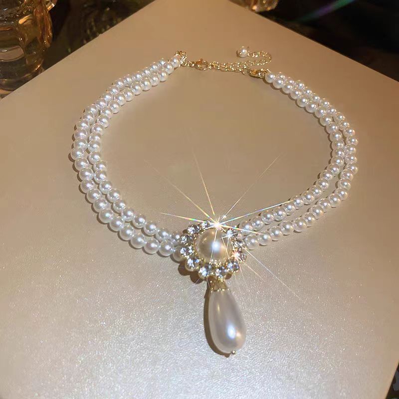 White Alloy Zircon Double Layered Pearl Water Drop Pendant Necklace