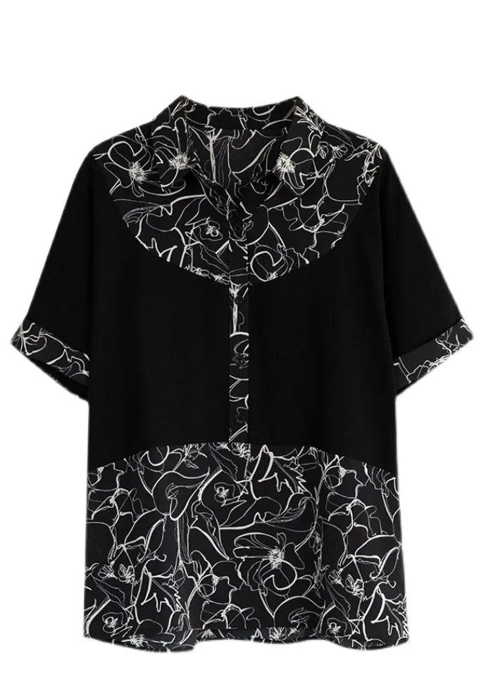 Black Peter Pan Collar Print Patchwork Button Cotton Shirt Short Sleeve