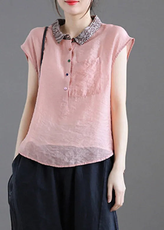 Pink Peter Pan Collar Patchwork Button Linen Short Sleeve