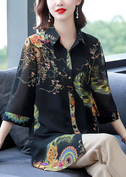 Black Peter Pan Collar Print Button Chiffon Long Blouse Top Bracelet Sleeve