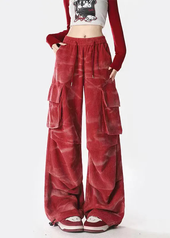 Spring Red Tie Dyed Pocket Corduroy Straight Pants