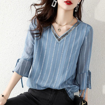 Sky Blue Sequins V Neck Jacquard Chiffon Shirt Half Sleeve