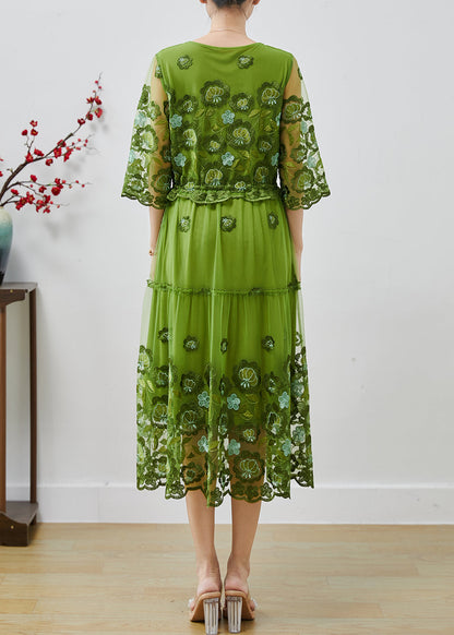 Green Embroidered Tulle Cinched Dress Summer