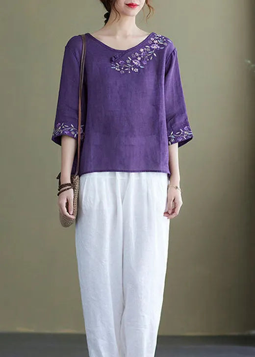 Diy Pink Crane Embroidered Side Open Half Sleeve Top
