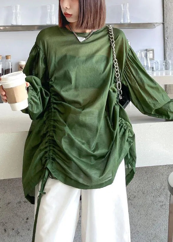 Green Pockets Drawstring Long Sleeve Summer Tops