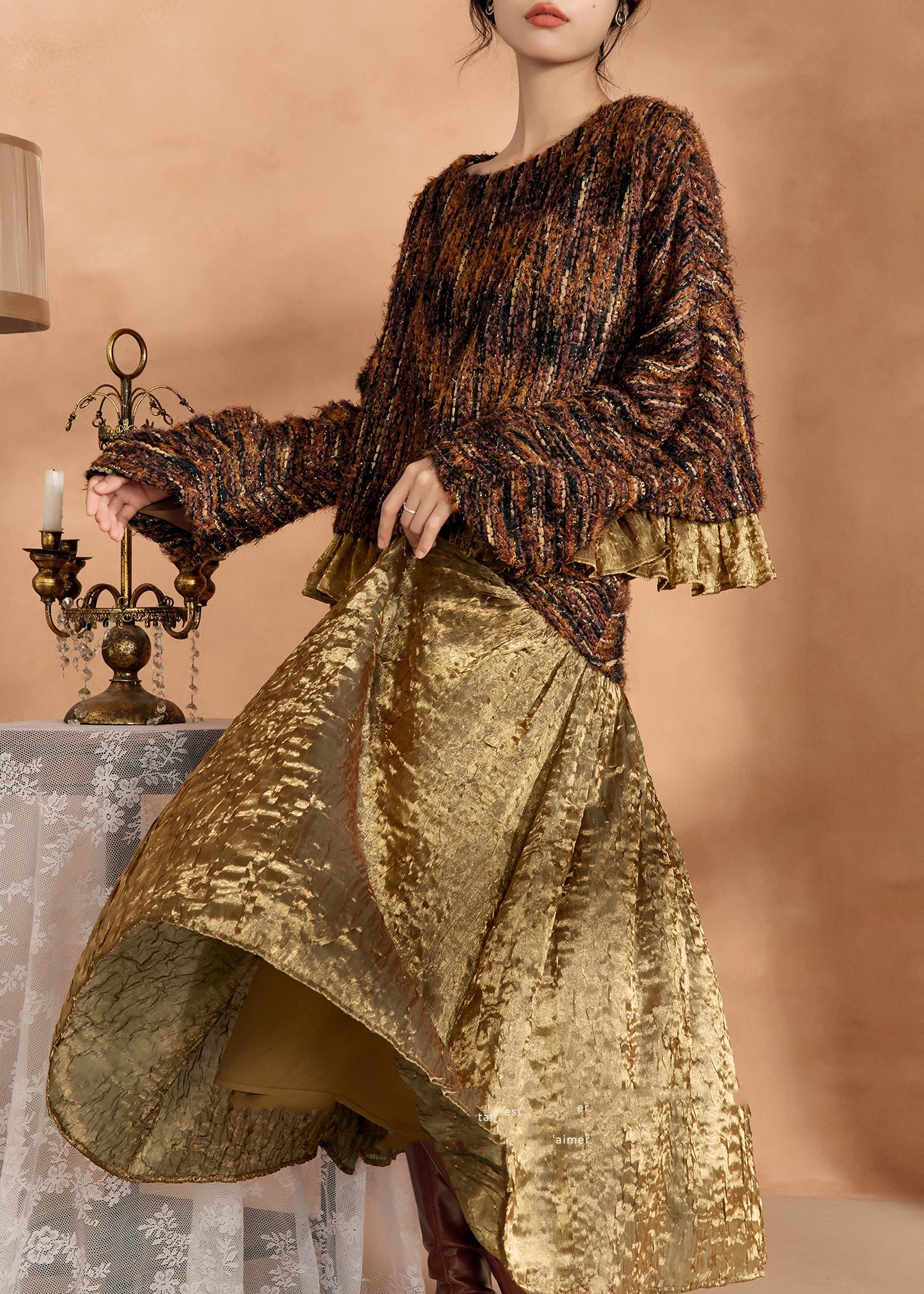 Brown Knit Sweaters and Silk Skirts Two Pieces Set Fall