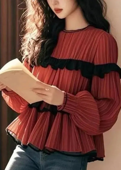 Red Ruffled Patchwork Chiffon Shirts Fall