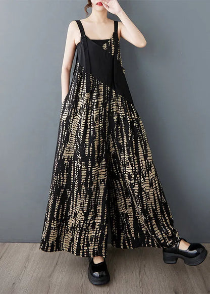 Black Oversized Patchwork Print Cotton Jumpsuit Summer