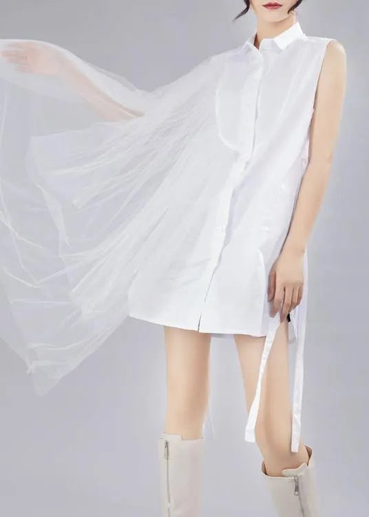 Style White Patchwork Lace Asymmetrical Design Cotton Shirt