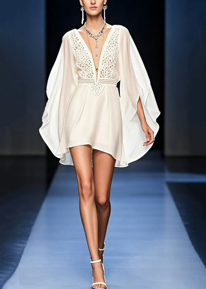 Italian White V Neck Hollow Out Chiffon Mid Dress Batwing Sleeve