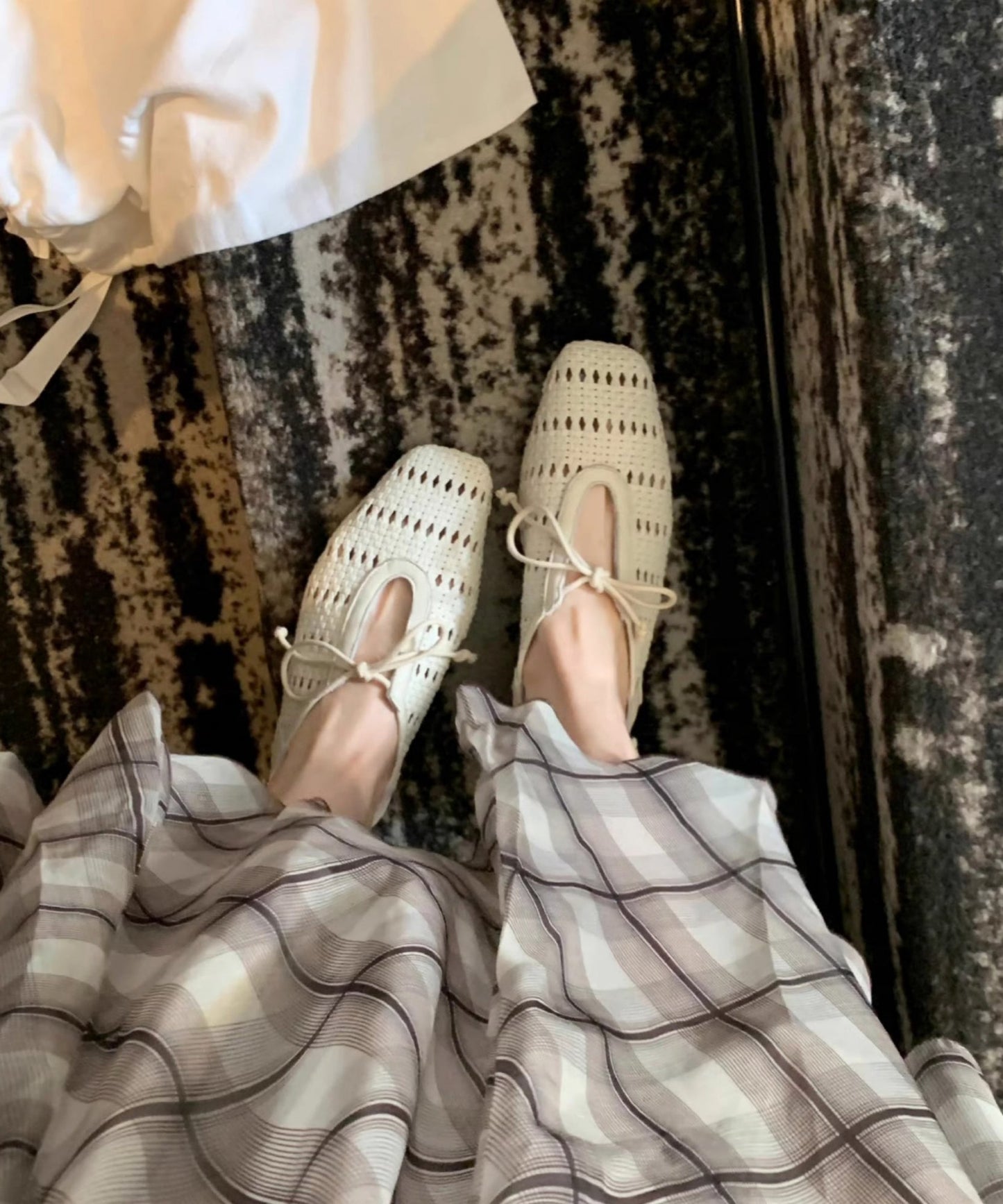 French Beige Sheepskin Bow Splicing Hollow Out Sandals
