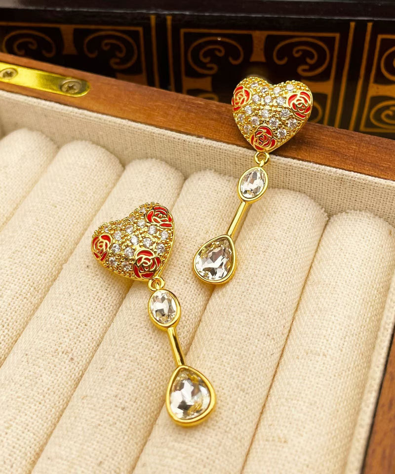 Boutique Gold Copper Overgild Zircon Drop Glaze Love Glass Tassel Drop Earrings