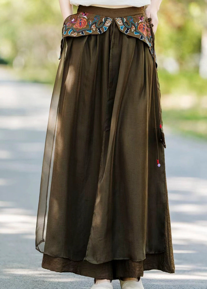 Khaki Pockets Embroidered Patchwork Silk Pants Fall