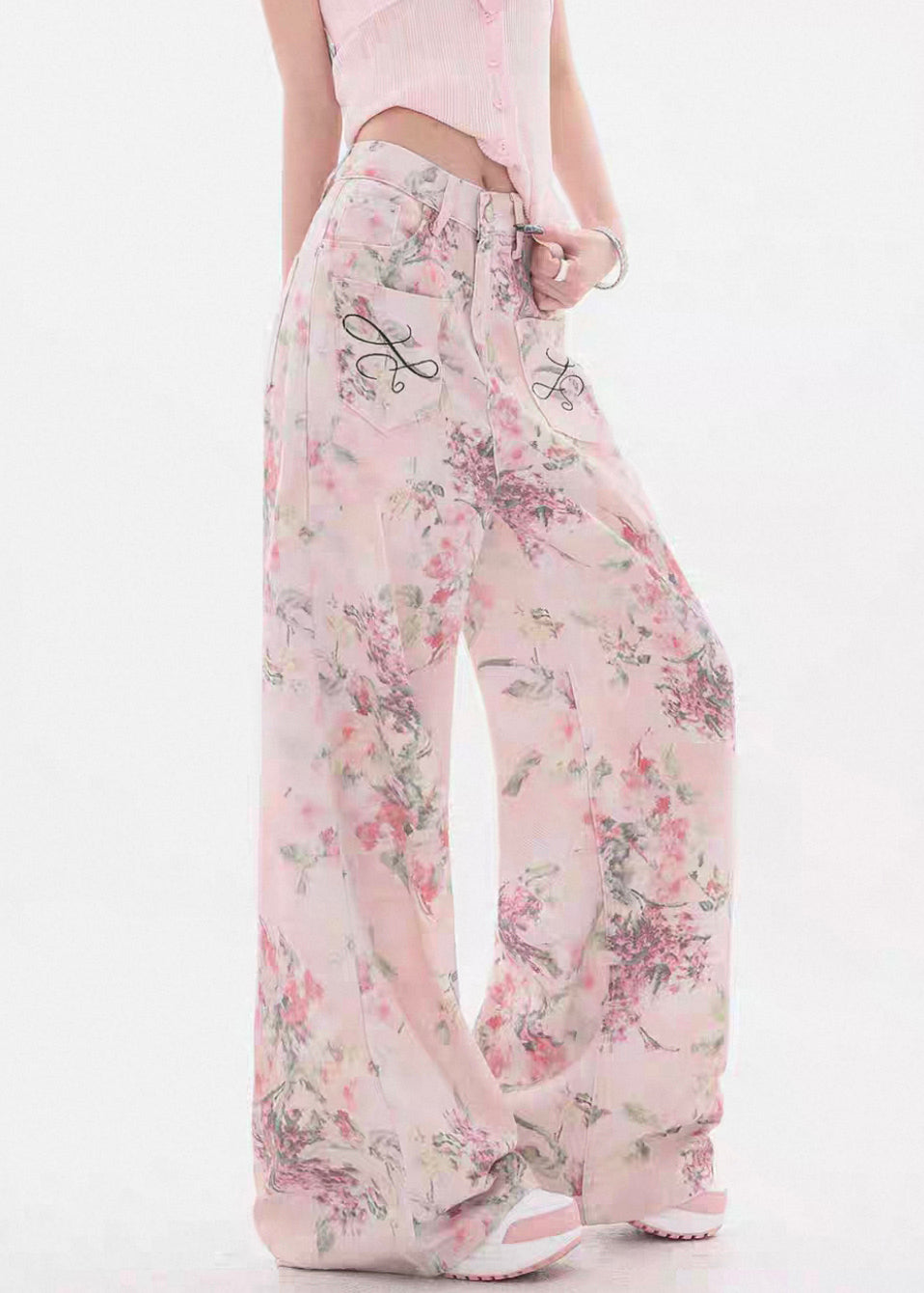 Pink Print Pockets High Waist Denim Wide Leg Pants Fall