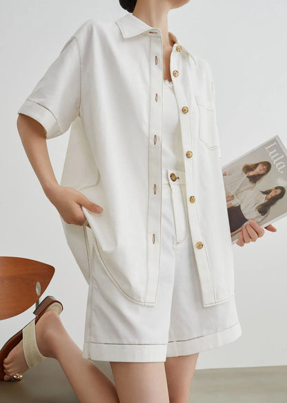 Modern White Peter Pan Collar Denim Two Pieces Set Summer