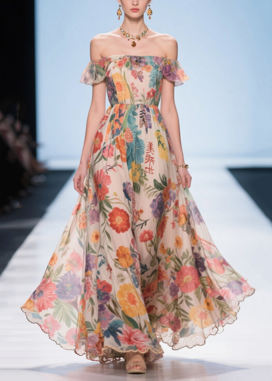 Apricot Print Exra Large Hem Chiffon Strapless Dress Summer