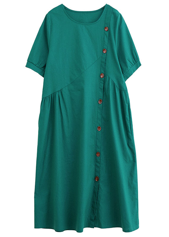 Green Patchwork Wrinkled Button Cotton Vacation Dresses Summer
