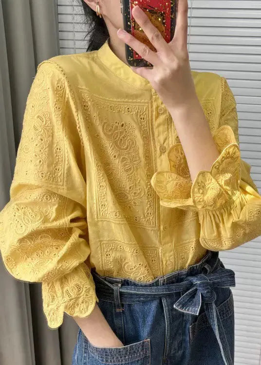 French Yellow Embroidered Button Cotton Shirts Flare Sleeve