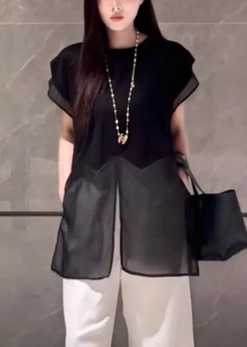 Loose Black Front Open Tulle Patchwork Cotton T Shirt Summer