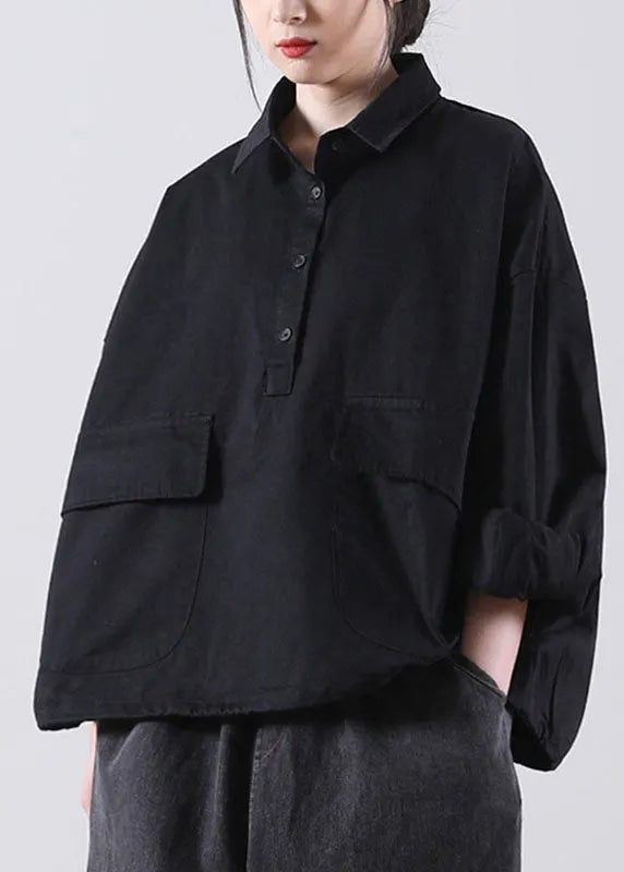 Style Black Peterpan Collar Pockets Button Fall Shirts Long Sleeve