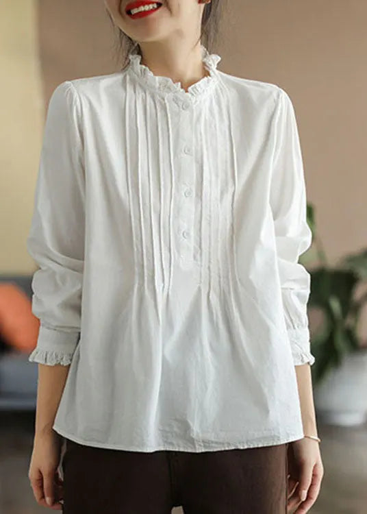 Unique White Ruffled Wrinkled Cotton Shirt Tops Spring
