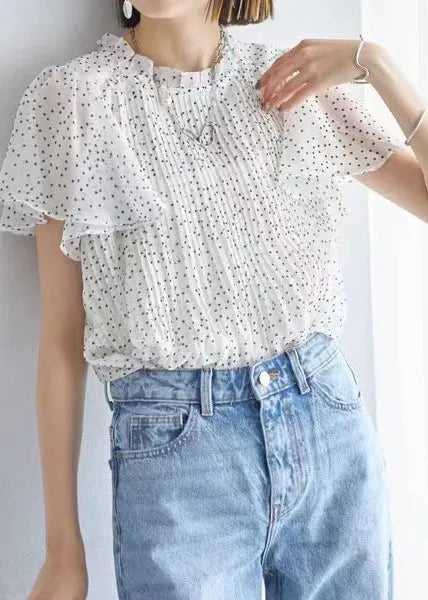 White Dot Chiffon Top Oversized Wrinkled Cloak Sleeves
