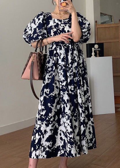 Black Square Collar Print Cotton Long Dress Summer