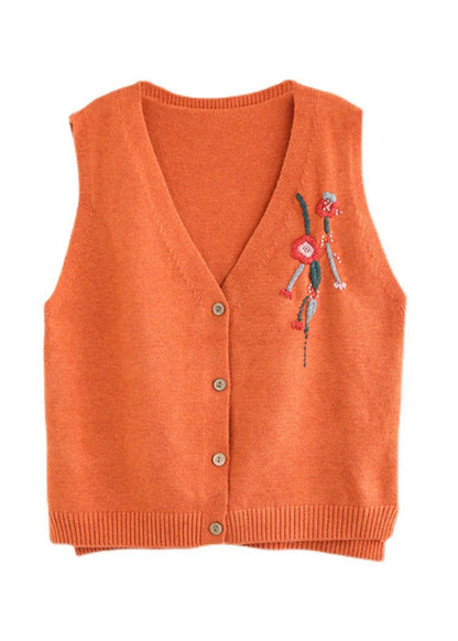 Orange V Neck Embroideried Knit Vest Spring