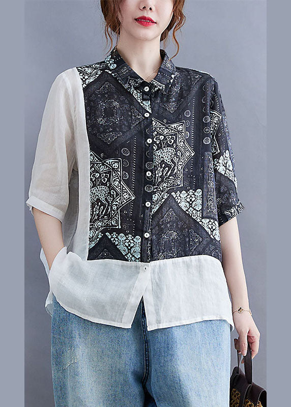 Black Peter Pan Collar Button Patchwork Print Fall Shirt Half Sleeve