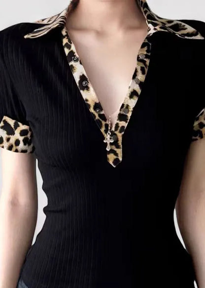 American Leopard Print Peter Pan Collar Patchwork Fake Two T-shirt Summer
