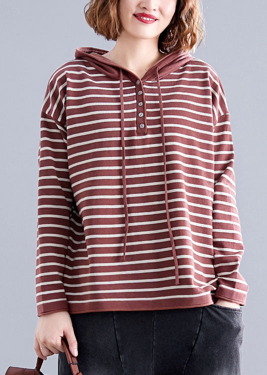 Red Hooded Striped Cotton Loose Sweatshirts Top Spring