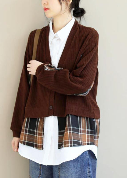 Chocolate Patchwork Top Lapel False Two Pieces Tunic Blouses