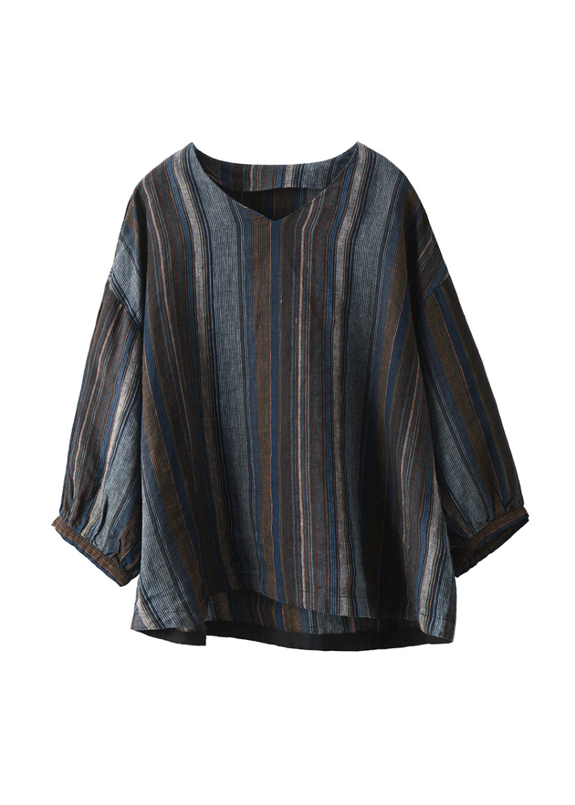 V Neck Striped Loose Linen Shirts Summer