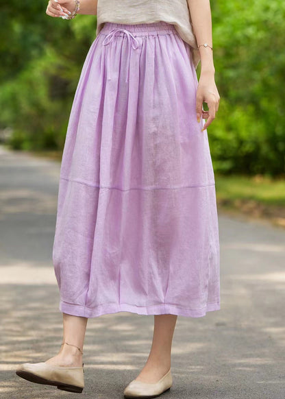 Purple Pockets Linen Summer Skirts Elastic Waist