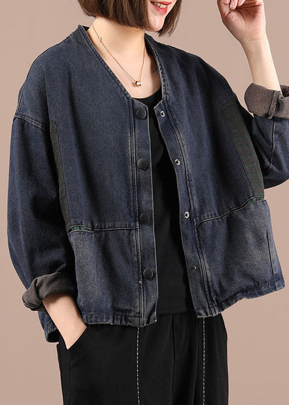 Blue Loose Pockets Button Fall Coat Long Sleeve
