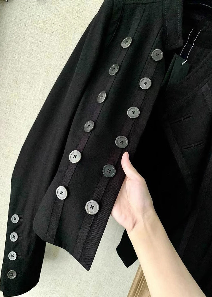 Black Button Patchwork Cotton Coat Long Sleeve Fall