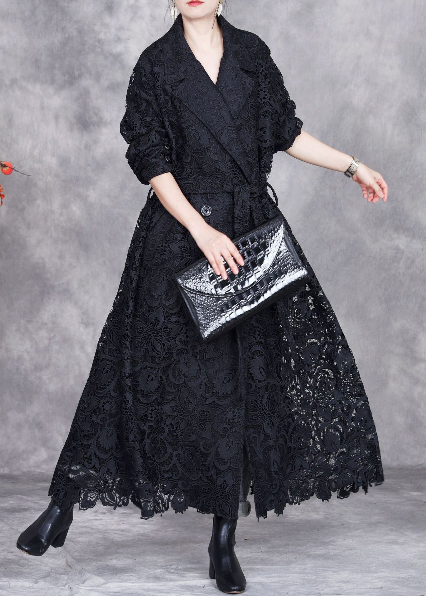 Black Button Lace Trench Coat Peter Pan Collar Fall