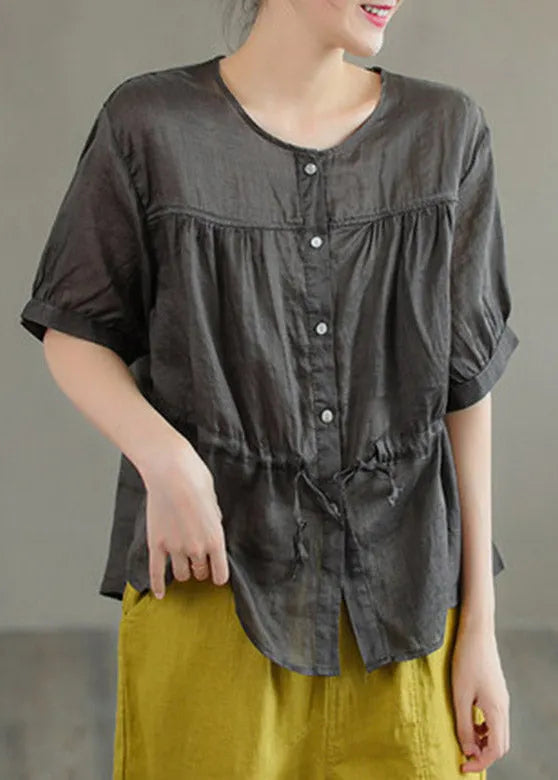 Boutique Orange O-neck Drawstring Button Linen Short Sleeve
