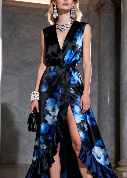 V Neck Print Ruffled Patchwork Silk Dresses Summer