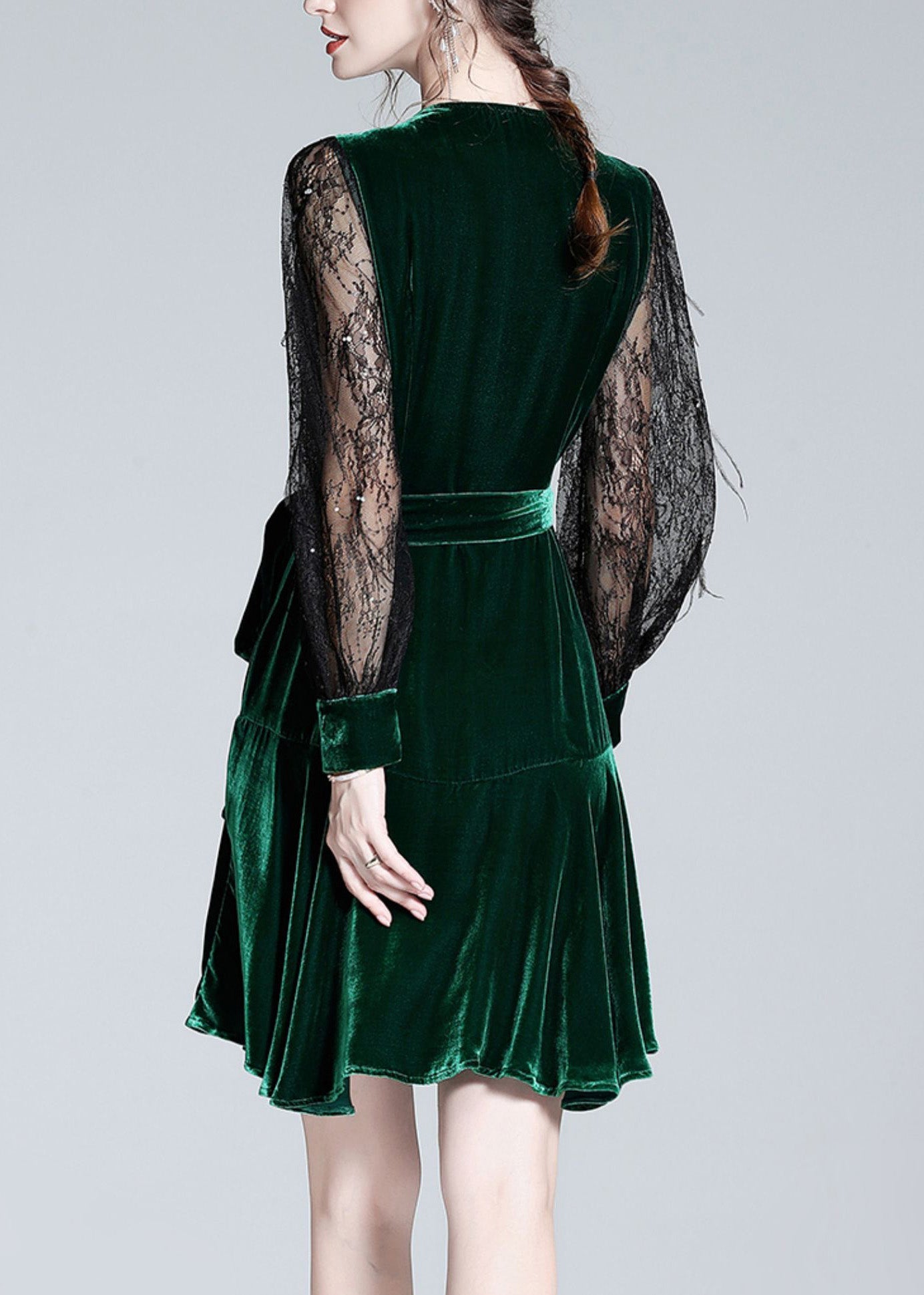 Green V Neck Tulle Patchwork Tie Waist Silk Velour Holiday Mid Dress Spring