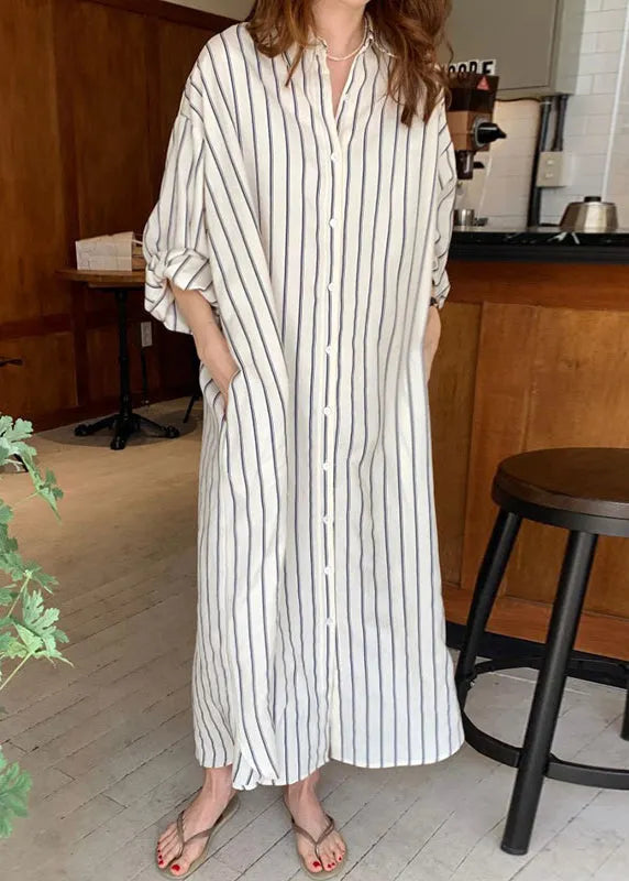 Beige Peter Pan Collar Button Maxi Shirts Dresses Spring