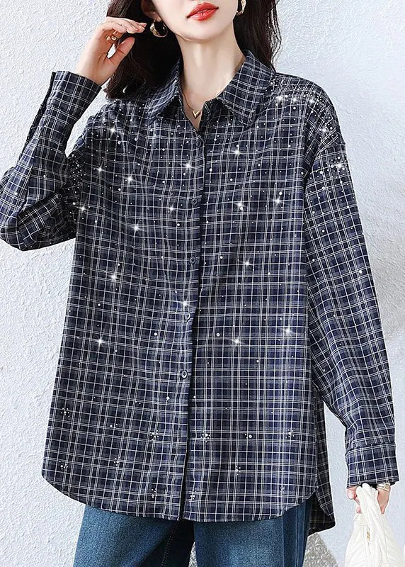 Blue Plaid Rhinestone Cotton Blouse Tops Fall